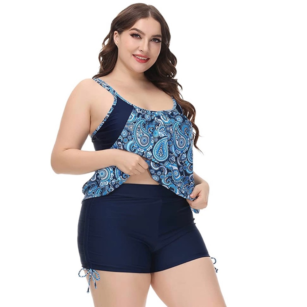 Hanna Nikole Blue Paisley Strappy Tankini Top w/ Shorts. Size 22W.  NWT!!